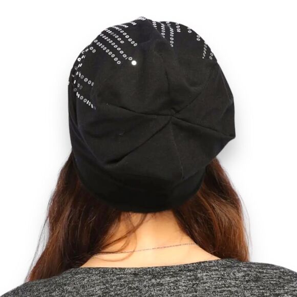 Black Silver Sequins Waterfall Lightweight Cotton Beanie Cap - NEW - Picture 3 of 4